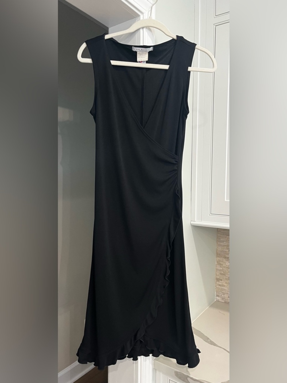 La Belle Black Asymmetrical Dress with Wrap Design V Neck and Ruffle Hem